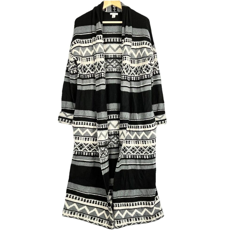 Women Caslon By Norstrom Long Cardigan Aztec Tribal Boho Open Front Size S - Picture 2 of 15